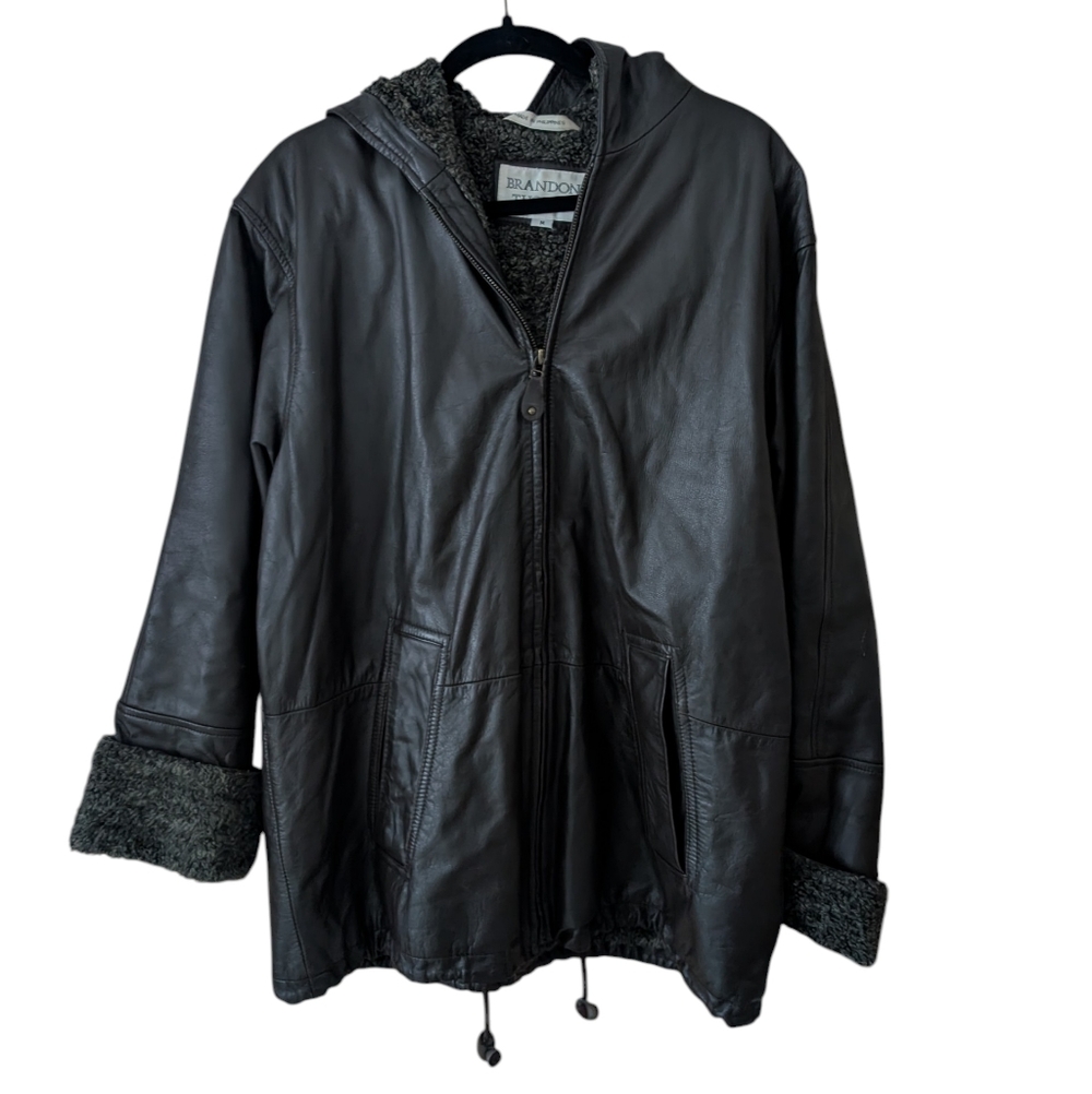 Vintage 90s Brandon‎ Thomas Brown Leather Hooded Zip Up Lined Jacket Coat Size M